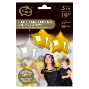 Balony foliowe B&C Gwiazdy złote i srebrne 19", 3 szt.