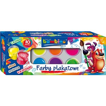 Bambino farby plakatowe 10 kolorów 20 ml (4 x fluo, 4 x brokat, złota, srebrna)