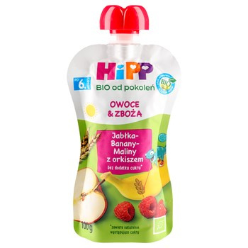 HiPP BIO Mus owocowy owoce & zboża po 6 miesiącu jabłka-banany-maliny z orkiszem 100g