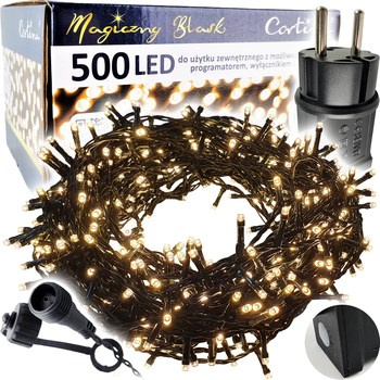 Lampki 500 LED zewnętrzne na tranformator + programator + dodatkowe gniazdo + timer warm white