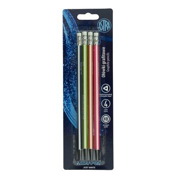 Ołówki grafitowe Astra z czarnego drewna z gumką blister 4 sztuki