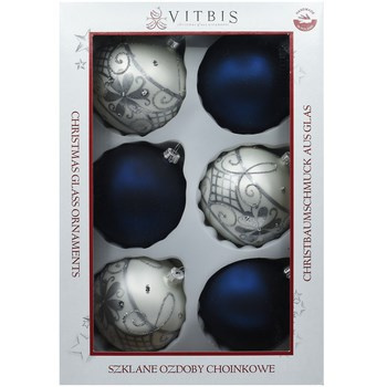 Vitbis Bombka szklana dekorowana gładka niebieska i srebrna 100mm 6szt. mix