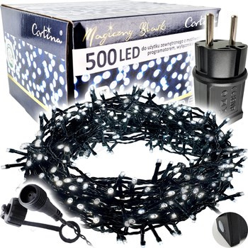 Lampki 500 LED zewnętrzne na transformator + programator + dodatkowe gniazdo + timer cool white