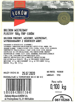 Baleron wieprzowy plastry 100 g Łuków
