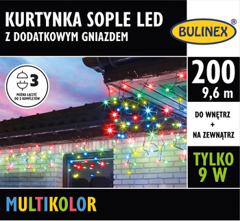Kurtynka sople 200 LED multikolor z dodatkowymgniazdkiem z zasilaczem, 9,6M dekoracji, na zewnątrz i do wnętrz