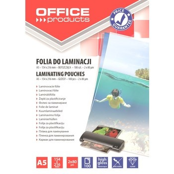 Folia do laminowania OFFICE PRODUCTS A5 2x80mikr błyszcząca 100szt transparentna