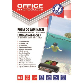 Folia do laminowania OFFICE PRODUCTS A4 2x80mikr błyszcząca 100szt transparentna