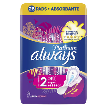 Always Platinum Super (Rozmiar 2) Podpaski ze skrzydełkami, 26 sztuk