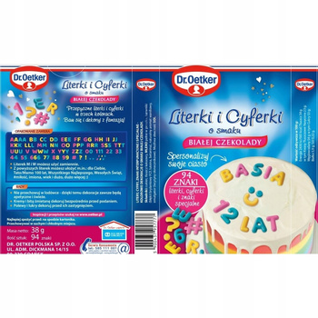 Dr. Oetker Literki i cyferki o smaku białej czekolady 38 g (94 sztuki)