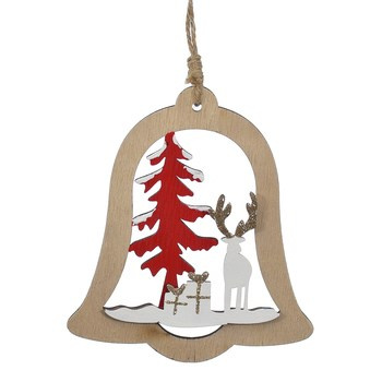JUMI Dekoracja z drewna - dzwonek z choinką i reniferem, biało-czerwony, do powieszenia 24 cm