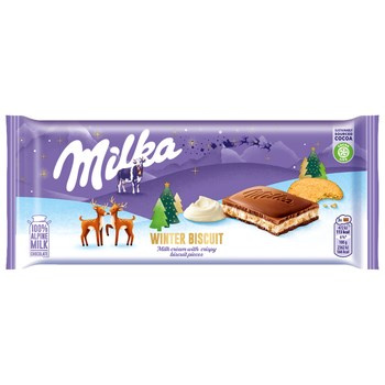 Milka Winter Biscuit Czekolada mleczna z nadzieniem mlecznym oraz kawałki ciasteczek 100 g