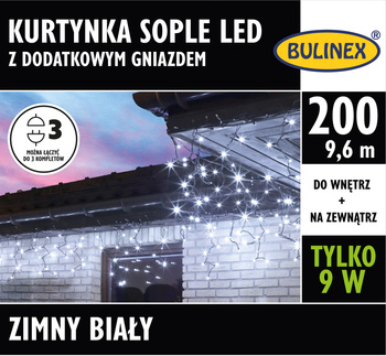 Kurtynka sople 200 LED biały zimny z dodatkowymgniazdkiem z zasilaczem, 9,6M dekoracji, na zewnątrz i do wnętrz