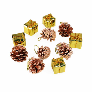 Komplet ozdób choinkowych - prezenciki, szyszki (12 szt.) złotych