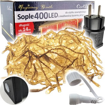 Lampki 400 LED sople z programatorem na transformator + dodatkowe gniazdo na białym kablu warm white
