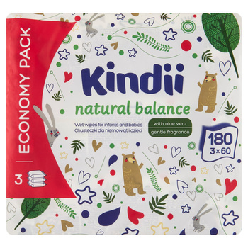 Kindii Natural Balance Chusteczki dla niemowląt i dzieci 180 sztuk (3 x 60 sztuk)