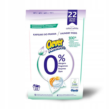 Biodegradowalne neutralne kapsułki 3 komory clever neutro+ color&white 22 szt doypack