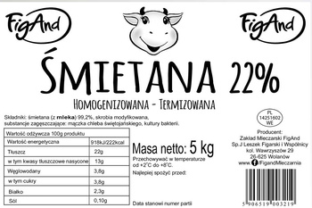 Śmietana 22% 5 kg wiadro Figand