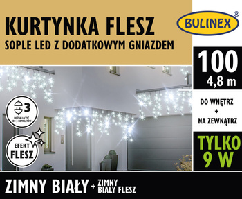 Kurtynka sople FLESZ 100 LED biały zimny/biały flesz z dodatkowymgniazdkiem z zasilaczem, 4,8M dekoracji, na zewnątrz i do wnętrz