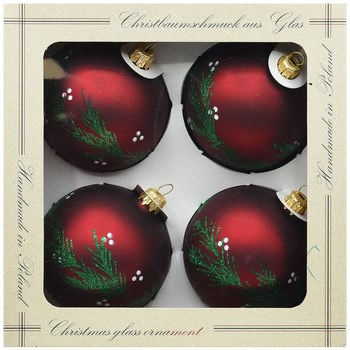 Vitbis Bombka szklana czerwona w zielone gałązki 80 mm 4szt.