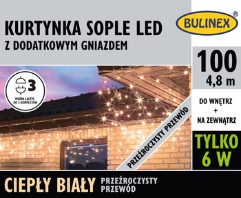Kurtynka sople 100 LED biały ciepły z dodatkowymgniazdkiem z zasilaczem, 4,8M dekoracji, na zewnątrz i do wnętrz