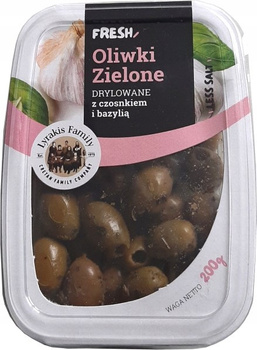 Oliwki zielone drylowane z czosnkiem i bazylią pasteryzowane Fresh Pack 200g Lyrakis Family