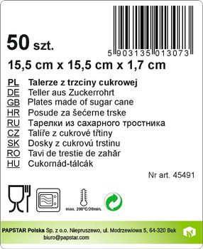 Talerze z trzciny cukrowej, prostokątne, 1,7 cm x 15,5 cm x 15,5 cm, biały 50 szt Papstar Polska