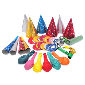 Zestaw "Magic Party" dla 6 osób (6 czapeczek, 6 masek, 4 trąbki, 2 gwizdki, 6 balonów metalizowanych, serpentyny metallic)