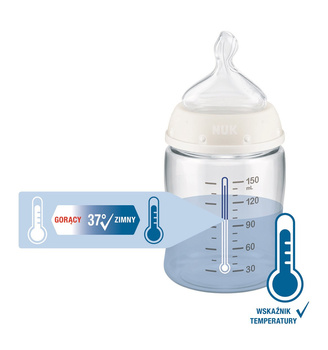 NUK FirstChoice+ Butelka 150ml ze wskaźnikiem temperatury i ze smoczkiem silikonowym 0-6 m-cy