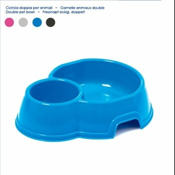 Miska dwukomorowa dla kotów i psów, plastikowa; do wody i pokarmu; wymiary: 21 x 6 x 21 cm; dostępne kolory: czerwona, szara, niebieska, czarna