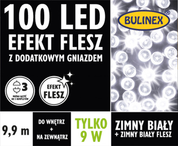 Lampki FLESZ 100 LED biały zimny + biały zimny flesz, z dodatkowym gniazdkiem z zasilaczem, 9,9M dekoracji, na zewnątrz i do wnętrz