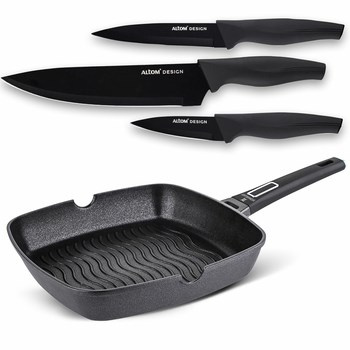 Patelnia grillowa 28cm Valdinox Strong + komplet 3 noży kuchennych Valdinox Initio