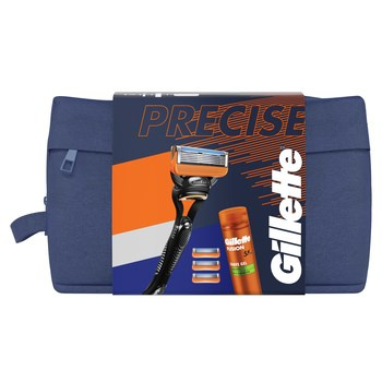 Gillette Zestaw podarunkowy: maszynka do golenia Fusion5 + 3 ostrza + Gillette Fusion Żel do golenia z olejkiem migdałowym, do skóry wrażliwej, 200 ml + stojak + kosmetyczka