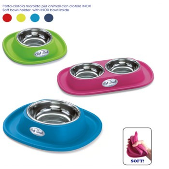 Miska podwójna dla kotów oraz małych psów, ze specjalnej stali nierdzewnej INOX, w miękkiej prostokątnej podstawie, wymiary 31x20x3,5 cm, pojemność 2x0,25 l