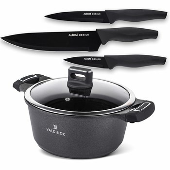 Garnek 20cm z pokrywą 2,4 l Valdinox Strong + komplet 3 noży kuchennych Valdinox Initio