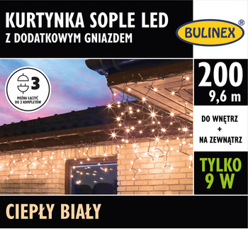 Kurtynka sople 200 LED biały ciepły z dodatkowymgniazdkiem z zasilaczem, 9,6M dekoracji, na zewnątrz i do wnętrz