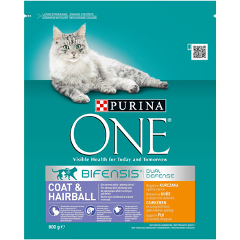 PURINA ONE Coat & Hairball Karma dla dorosłych kotów bogata w kurczaka i pełne ziarna 800 g
