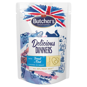 Butcher's Classic Delicious Dinners Karma dla kotów kawałki w sosie z pstrągiem i dorszem 100 g