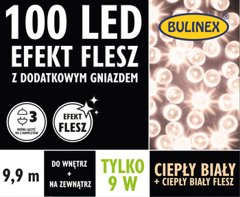 Lampki FLESZ 100 LED biały ciepły + biały ciepły flesz, z dodatkowym gniazdkiem z zasilaczem, 9,9M dekoracji, na zewnątrz i do wnętrz