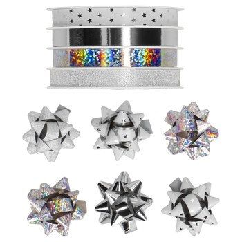 Zestaw do pakowania INCOOD prezentów wstążki i rozetki mix srebrny