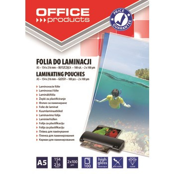 Folia do laminowania OFFICE PRODUCTS A5 2x100mikr. błyszcząca 100szt transparentna