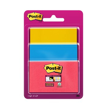 Karteczki samoprzylepne Post-it® Super Sticky, 3x45 kolorowych karteczek w różnych rozmiarach (czerwone 76x48mm, morskie 76x76mm, żółte 101x76mm)