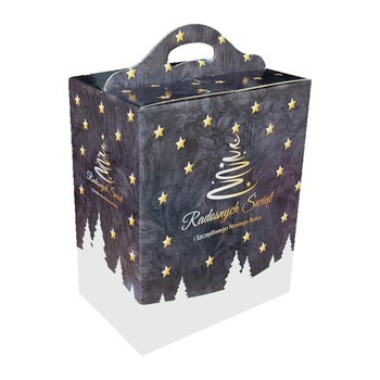 Duże pudełko świąteczne "Radosne Święta", pudełko szaro-białe w gwiazdki ze świątecznym nadrukiem