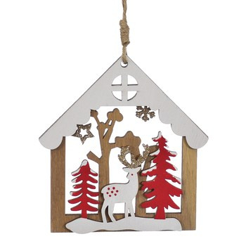 JUMI Dekoracja z drewna - domek z choinkami i reniferem, biało-czerwony, do powieszenia 24 cm