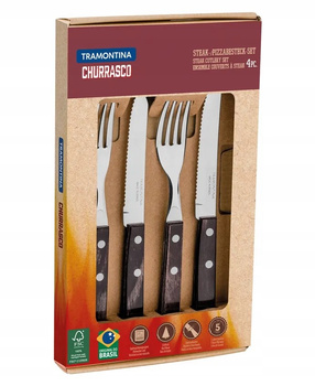 Zestaw sztućców do steków lub pizzy Hendi Churrasco, kartonik prezentowy, ciemny brąz - zestaw 4 szt