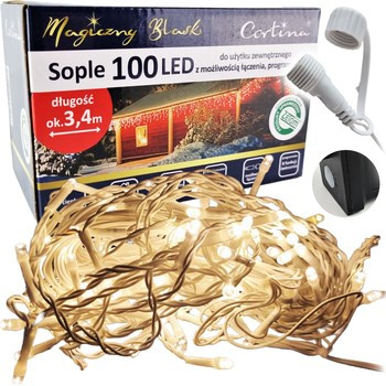 Lampki 100 LED sople z programatorem na transformator + dodatkowe gniazdo na białym kablu warm white