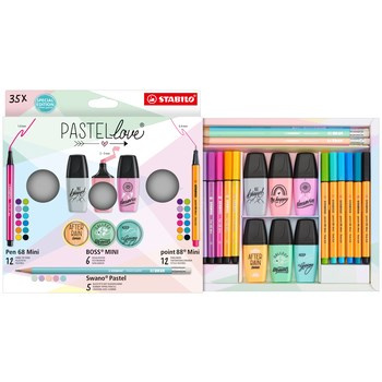 STABILO Zestaw 35 pastelowych produktów: po 12 szt. cienkopisów, flamastrów, 6 szt. zakreślaczy w mini formacie oraz 5 szt. ołówków Swano z gumką