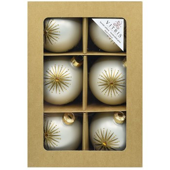 Vitbis Bombka szklana biała w złote gwiazdki 80mm 6szt.