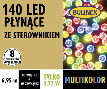 Lampki 140 LED multikolor płynące z zasilaczem, 6,95M dekoracji, na zewnątrz i do wnętrz