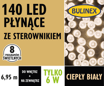 Lampki 140 LED biały ciepły płynące z zasilaczem, 6,95M dekoracji, na zewnątrz i do wnętrz