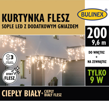 Kurtynka FLESZ sople 200 LED biały ciepły/biały ciepły flesz z dodatkowymgniazdkiem z zasilaczem, 9,6M dekoracji, na zewnątrz i do wnętrz